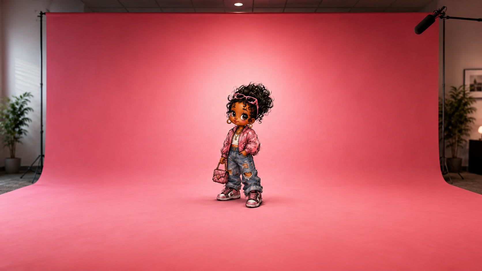 Betys character on pink studio backdrop